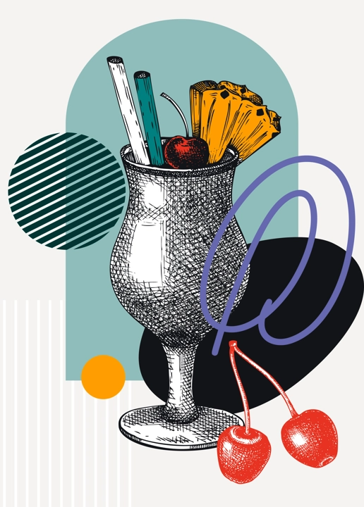 Collage style Pina Colada cocktail vector illustration. Hand-sketched alcoholic drink . Trendy design with glassware, geometric and abstract shapes. Perfect for print, poster, card, social media